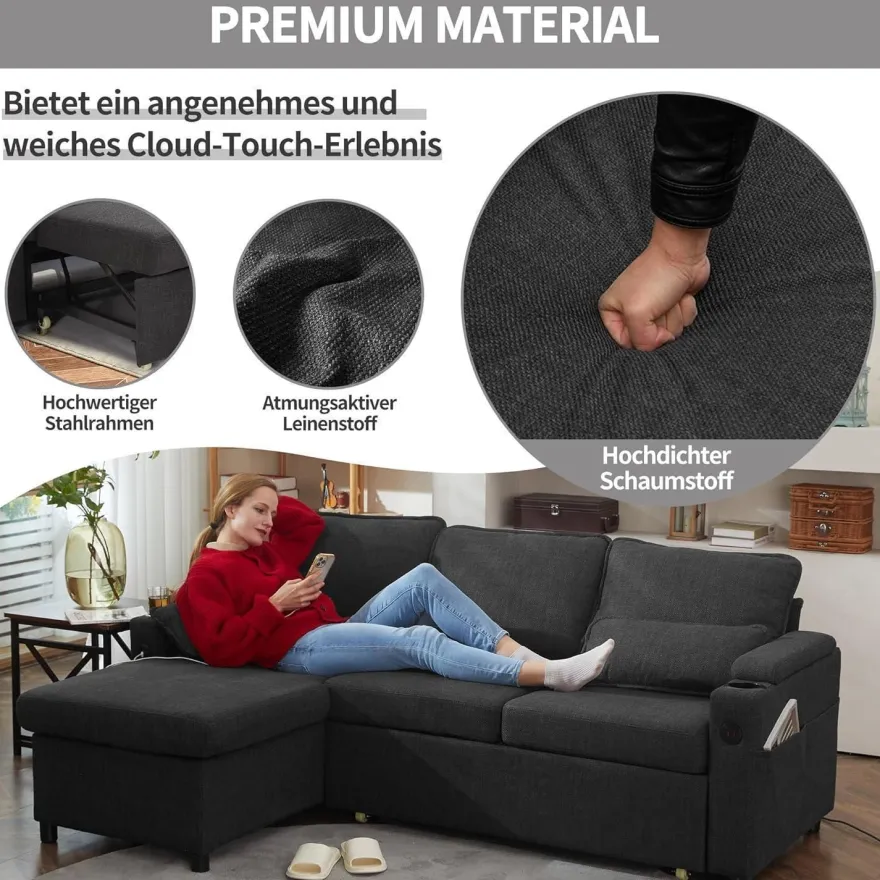 Duraspace Schlafsofa Ausziehbare Schlafcouch L-förmiges Ecksofa mit Stauraum