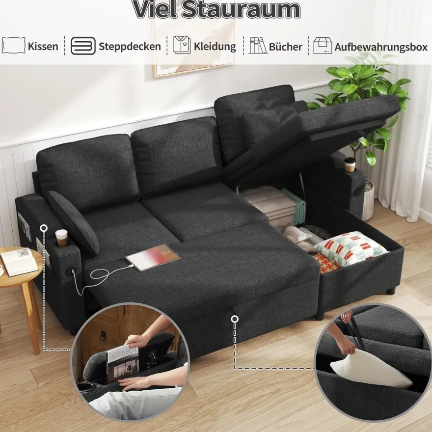 Duraspace Schlafsofa Ausziehbare Schlafcouch L-förmiges Ecksofa mit Stauraum