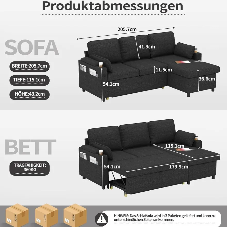 Duraspace Schlafsofa Ausziehbare Schlafcouch L-förmiges Ecksofa mit Stauraum