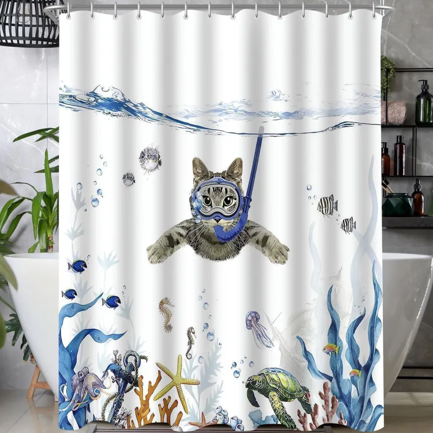 Duschvorhang Katzenschwimme 220x200cm Antischimmel wasserabweisend Polyester