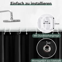 Duschvorhang 240x200cm Schwarz Anti-schimmel Wasserdicht PVC Antibakteriell