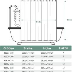 Duschvorhang 240x200cm Schwarz Anti-schimmel Wasserdicht PVC Antibakteriell
