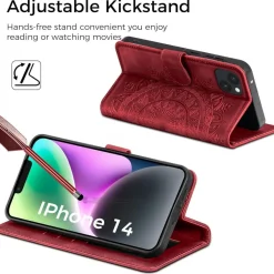 EASDNB iPhone 14 Hülle Rot mit Ständer in Lederoptik