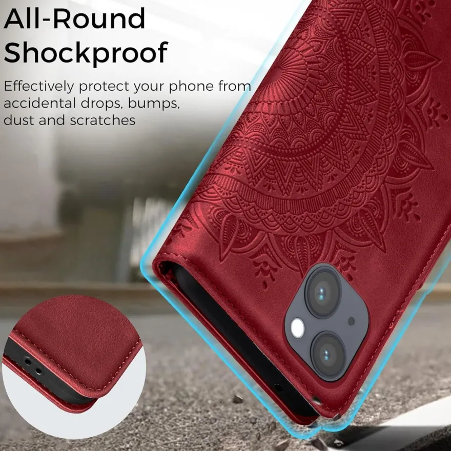 EASDNB iPhone 14 Hülle Rot mit Ständer in Lederoptik