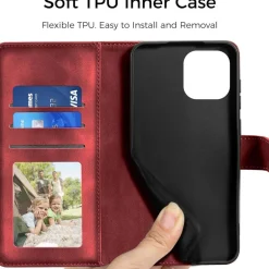 EASDNB iPhone 14 Hülle Rot mit Ständer in Lederoptik