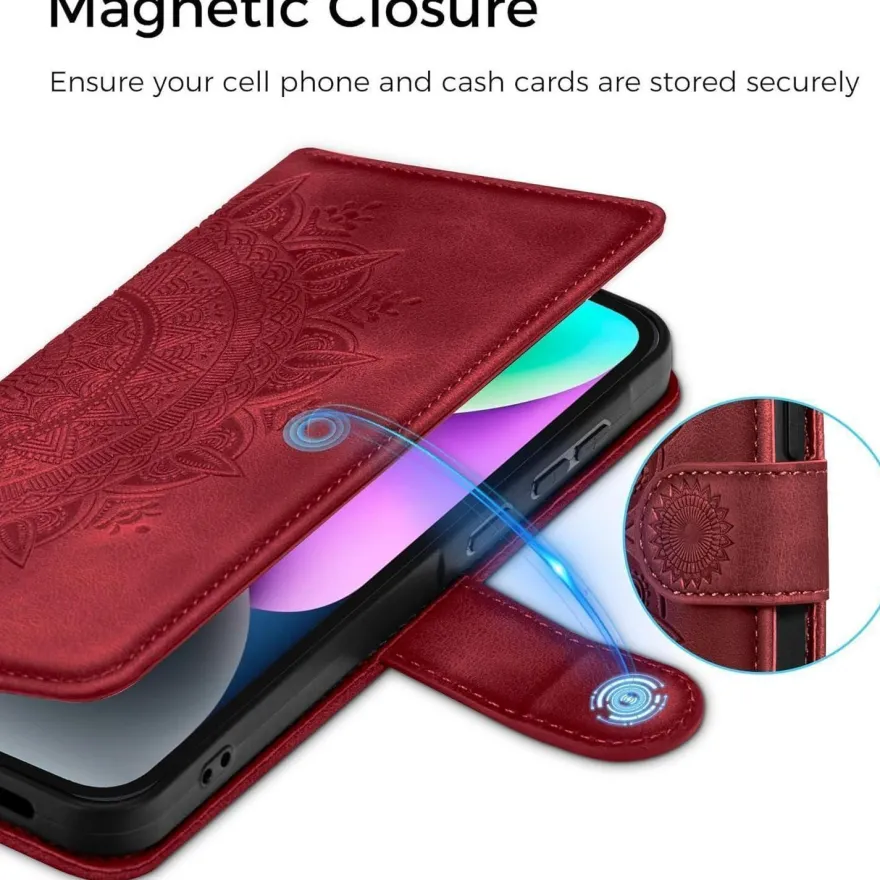 EASDNB iPhone 14 Hülle Rot mit Ständer in Lederoptik