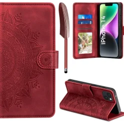EASDNB iPhone 14 Hülle Rot mit Ständer in Lederoptik
