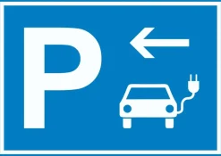 E-Auto Elektrofahrzeug Parkplatz Schild mit Richtungspfeil links waagerecht