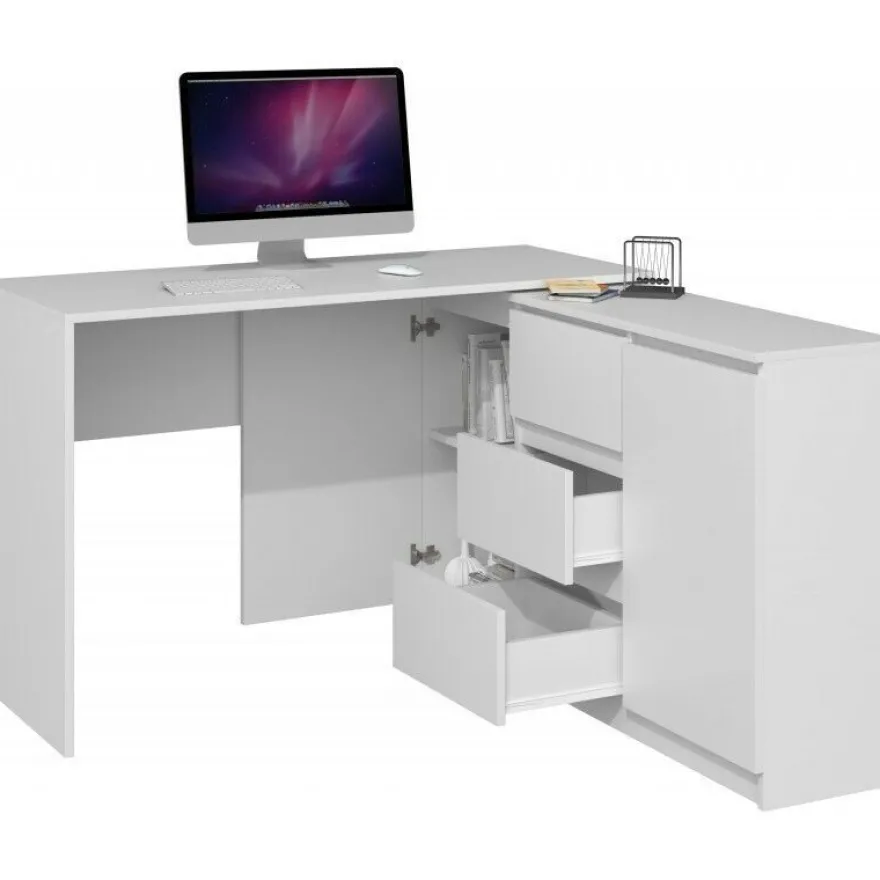 Eckschreibtisch mit Kommode Computertisch Arbeitstisch Weiss Matt
