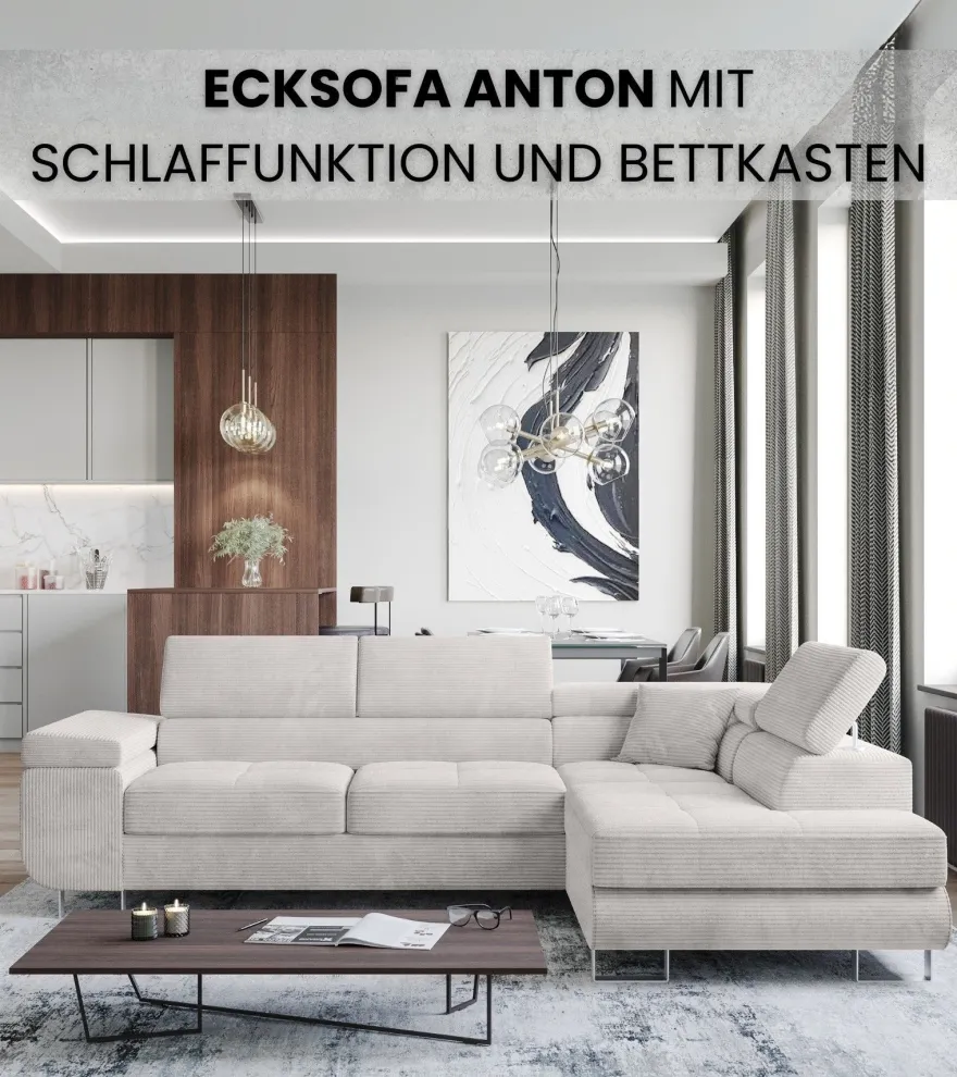 Ecksofa ANTON L-Form mit Schlaffunktion, beige Eckcouch mit Bettkasten Schlafcouch