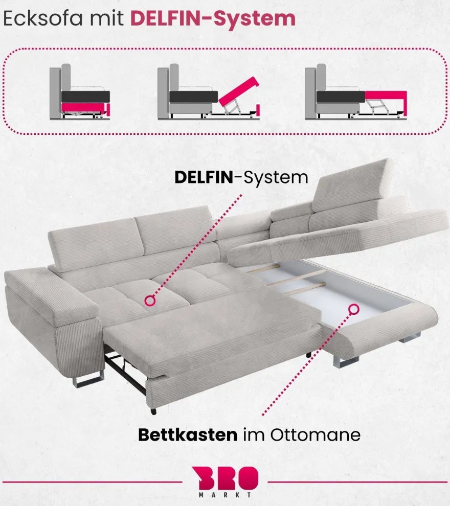 Ecksofa ANTON L-Form mit Schlaffunktion, beige Eckcouch mit Bettkasten Schlafcouch