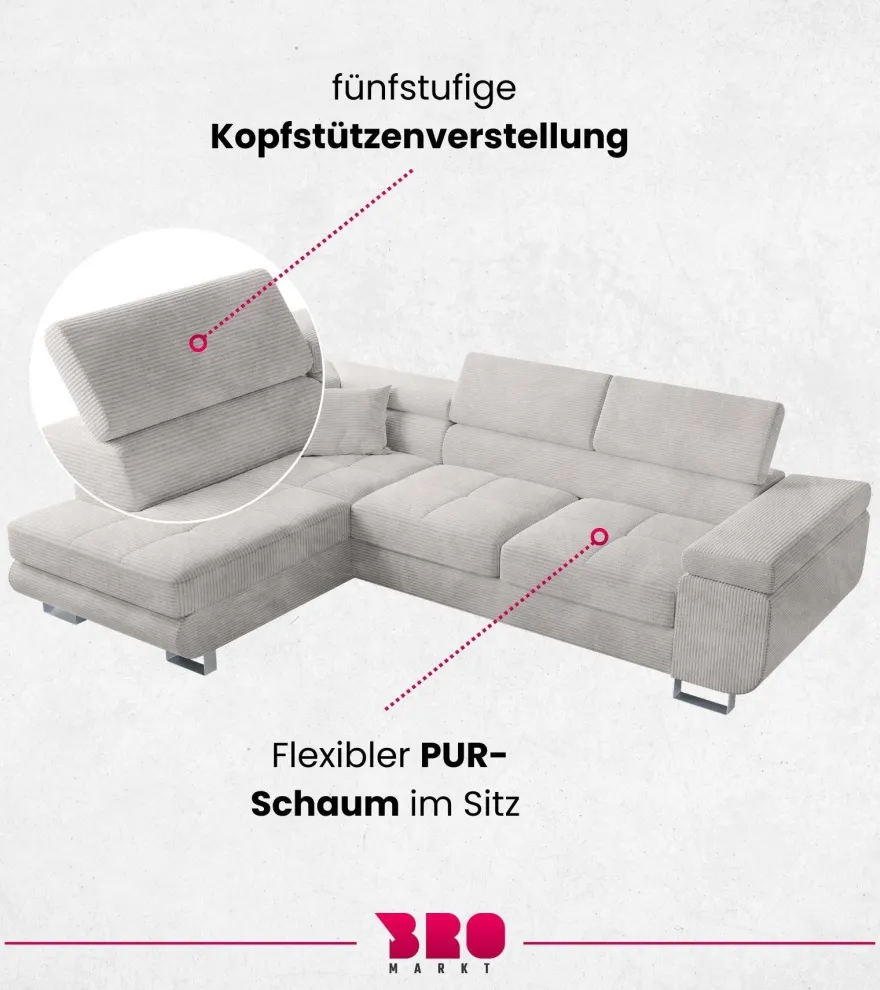 Ecksofa ANTON L-Form mit Schlaffunktion, beige Eckcouch mit Bettkasten Schlafcouch
