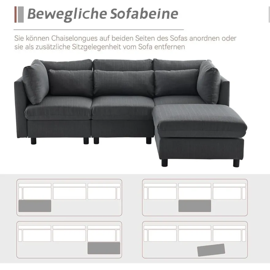 Ecksofa mit Fußhocker, 220cm L-Form 3-Sitzer Couch mit Kissen, Grau