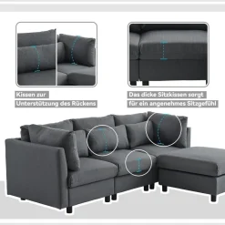 Ecksofa mit Fußhocker, 220cm L-Form 3-Sitzer Couch mit Kissen, Grau