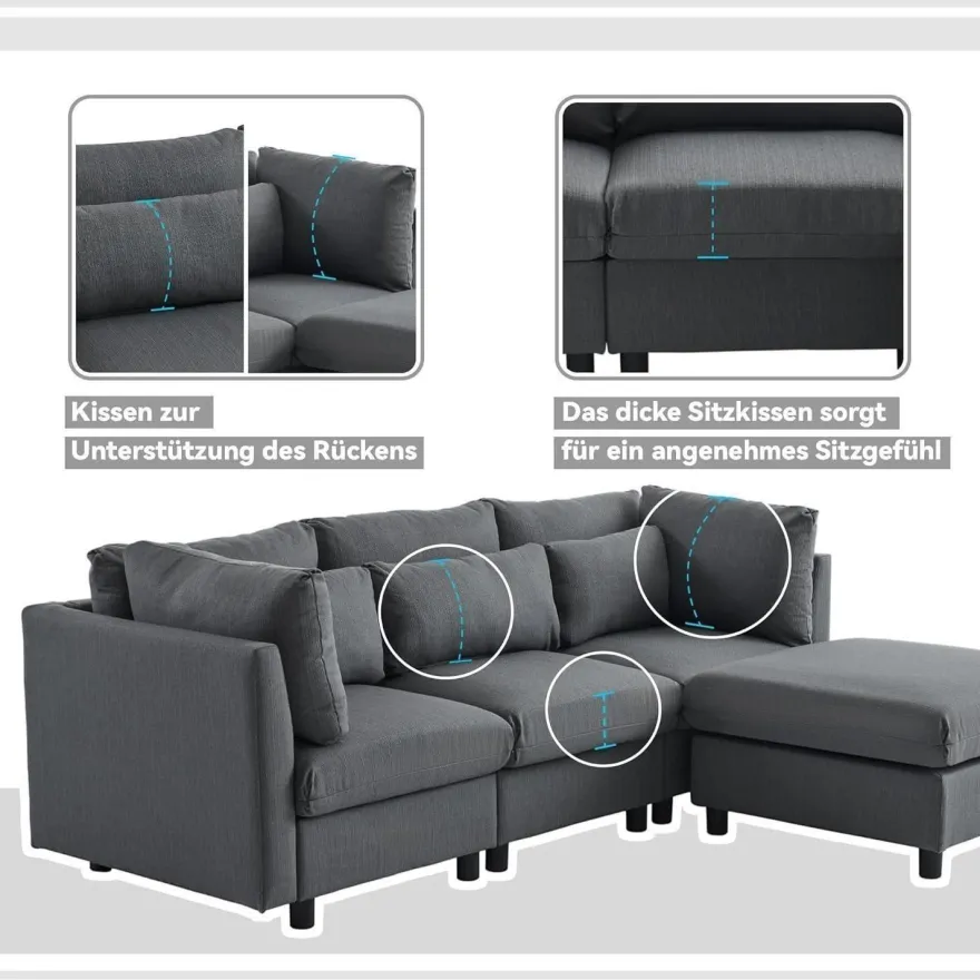 Ecksofa mit Fußhocker, 220cm L-Form 3-Sitzer Couch mit Kissen, Grau