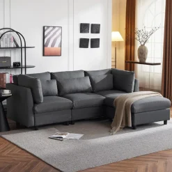 Ecksofa mit Fußhocker, 220cm L-Form 3-Sitzer Couch mit Kissen, Grau