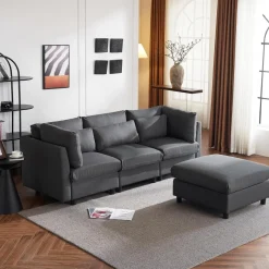 Ecksofa mit Fußhocker, 220cm L-Form 3-Sitzer Couch mit Kissen, Grau