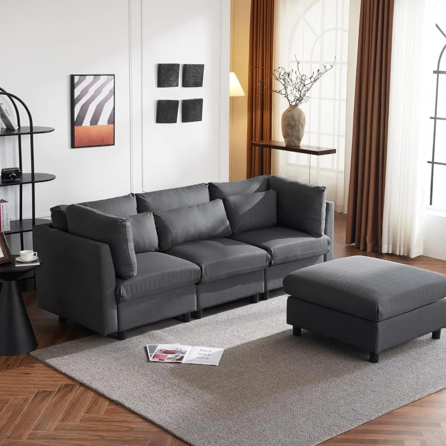 Ecksofa mit Fußhocker, 220cm L-Form 3-Sitzer Couch mit Kissen, Grau
