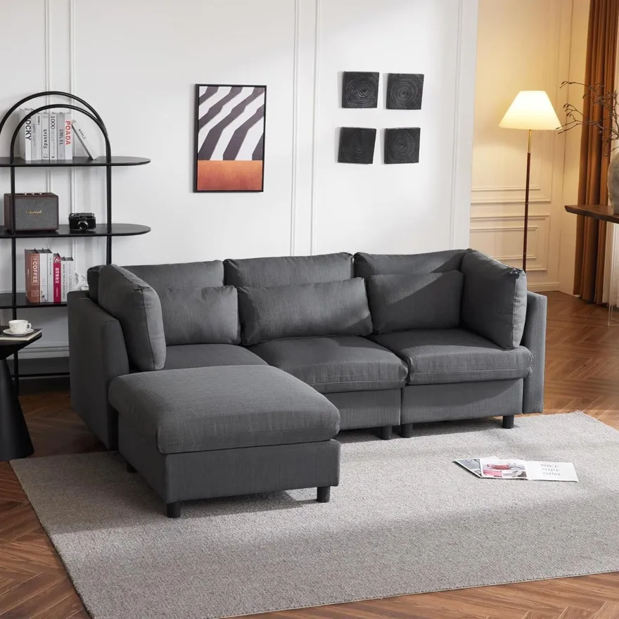 Ecksofa mit Fußhocker, 220cm L-Form 3-Sitzer Couch mit Kissen, Grau