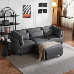 Ecksofa mit Fußhocker, 220cm L-Form 3-Sitzer Couch mit Kissen, Grau
