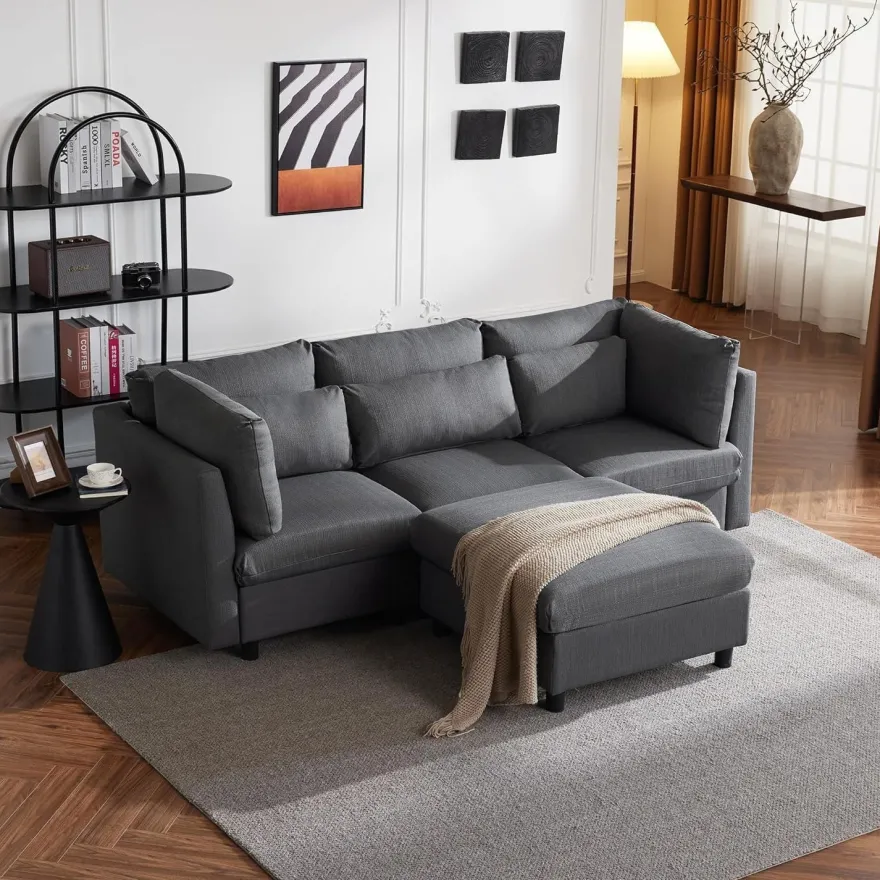 Ecksofa mit Fußhocker, 220cm L-Form 3-Sitzer Couch mit Kissen, Grau