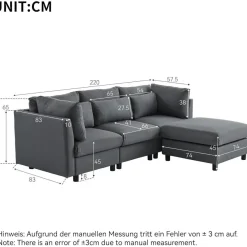 Ecksofa mit Fußhocker, 220cm L-Form 3-Sitzer Couch mit Kissen, Grau