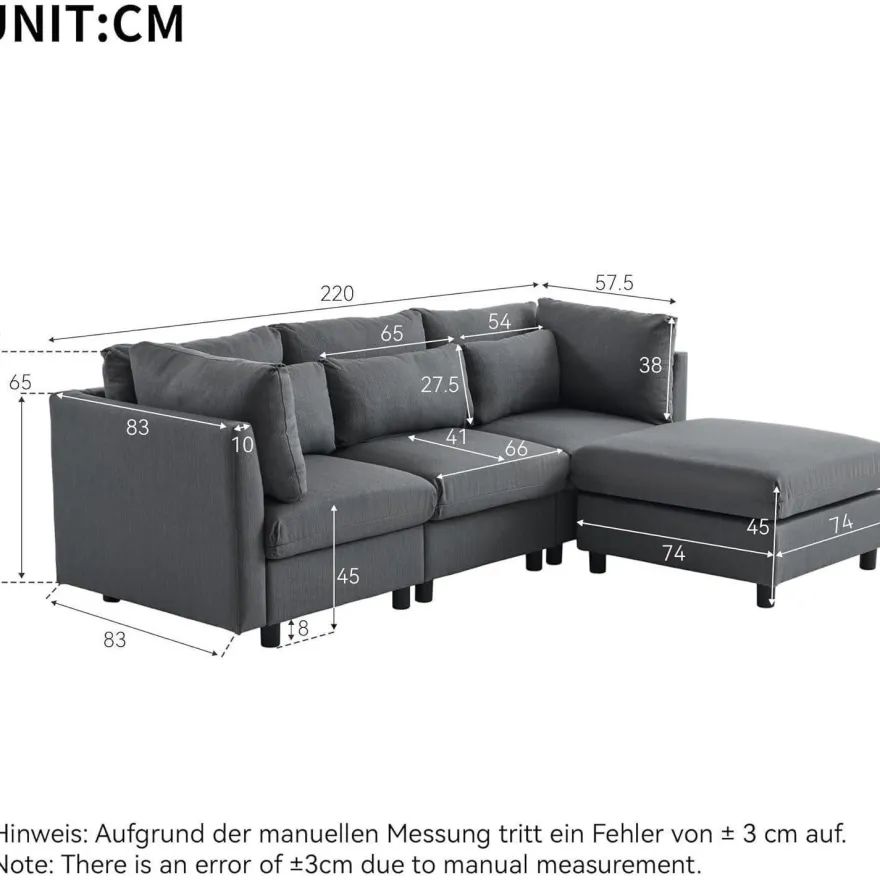 Ecksofa mit Fußhocker, 220cm L-Form 3-Sitzer Couch mit Kissen, Grau