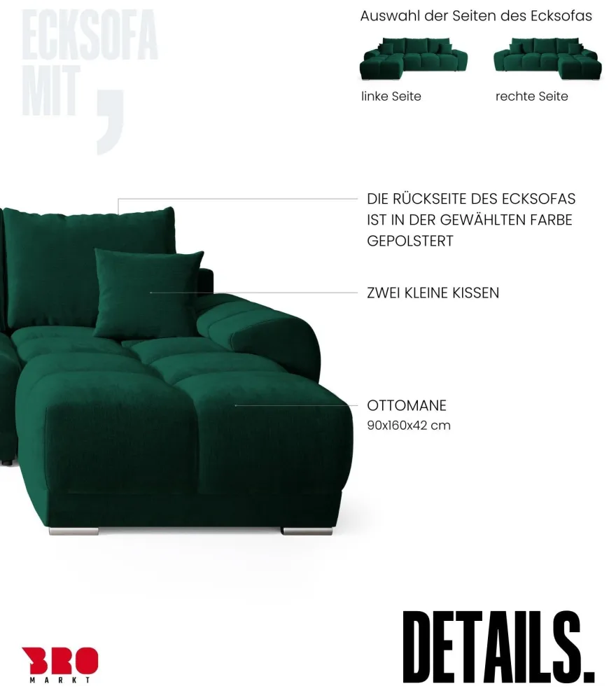 Ecksofa NUBES L-Form mit Schlaffunktion, Eckcouch mit Bettkasten Samtstoff