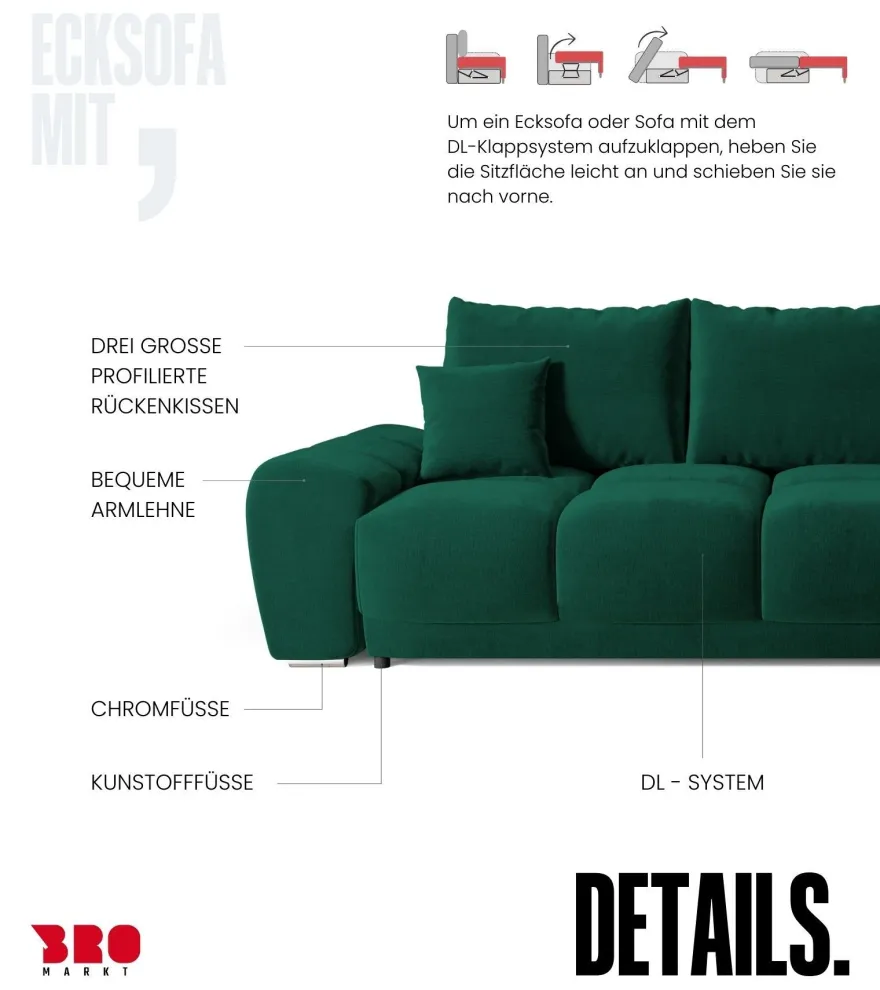 Ecksofa NUBES L-Form mit Schlaffunktion, Eckcouch mit Bettkasten Samtstoff