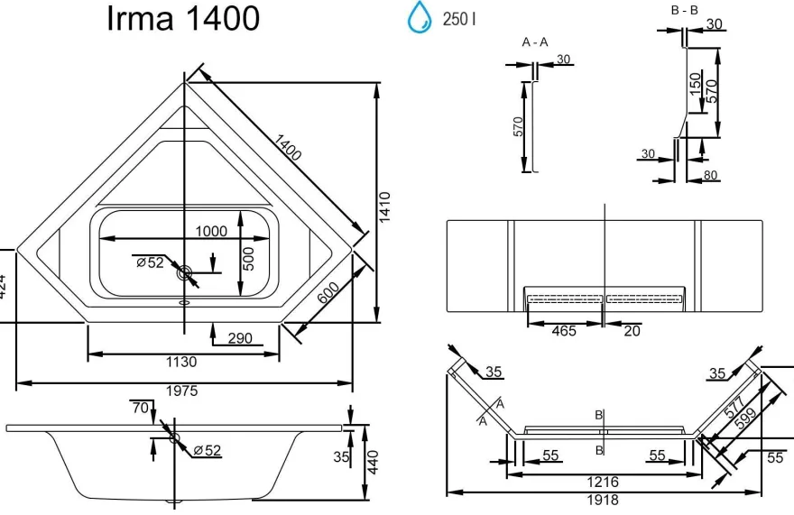 ECOLAM Badewanne 140x140 Irma Acrylwanne Eckwanne Wanne Schürze Siphon Viega GRATIS