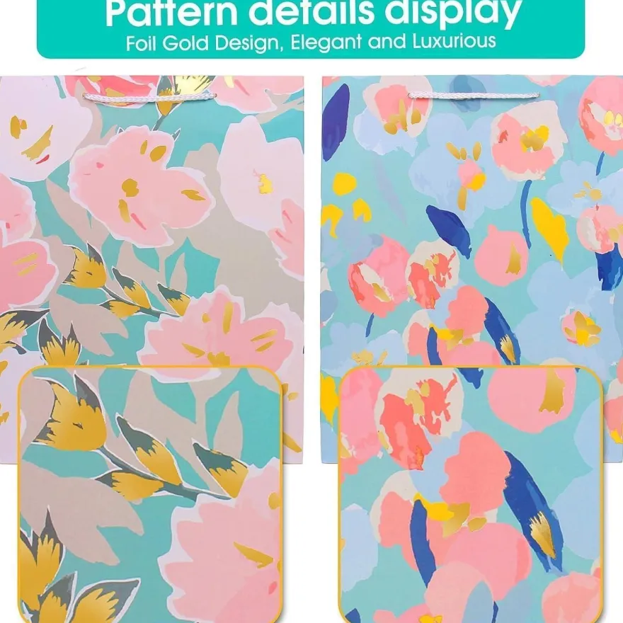 Edunass Papiertüten Groß Geschenktüten mit Henkel & Seidenpapier, Multi-Blume