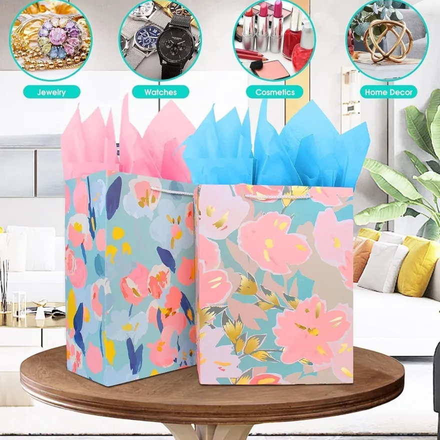 Edunass Papiertüten Groß Geschenktüten mit Henkel & Seidenpapier, Multi-Blume