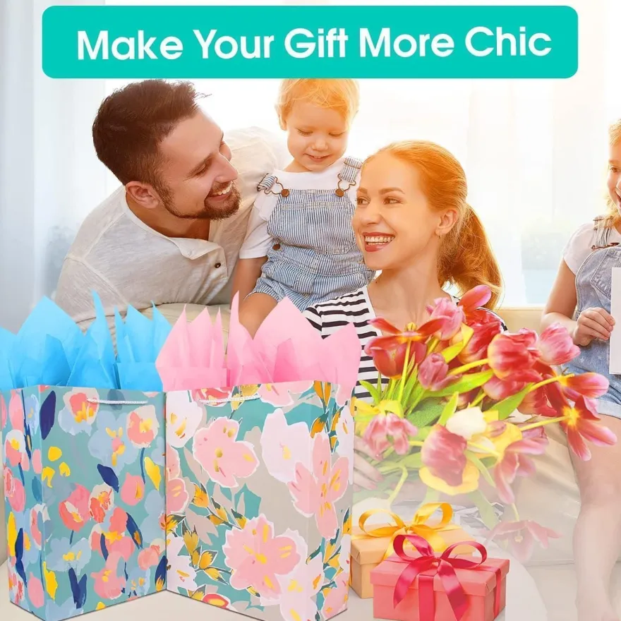 Edunass Papiertüten Groß Geschenktüten mit Henkel & Seidenpapier, Multi-Blume