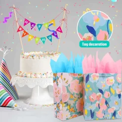 Edunass Papiertüten Groß Geschenktüten mit Henkel & Seidenpapier, Multi-Blume