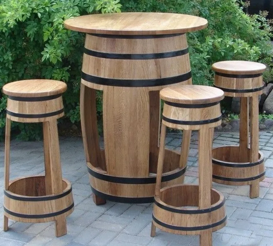 Eichen Fasstisch + 4 Hocker SET Holz Fass Haus Gartendeko Gartenmöbel Garten Tisch