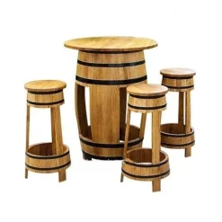 Eichen Fasstisch + 4 Hocker SET Holz Fass Haus Gartendeko Gartenmöbel Garten Tisch