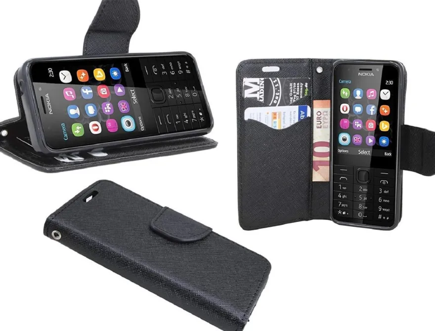 Elegantes Taschenetui kompatibel mit Nokia 230 aus schwarzem Leder im optischen