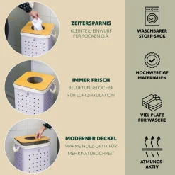 eluno Wäschetonne mit Deckel und Wäschesack eckig 50L, aus Metall