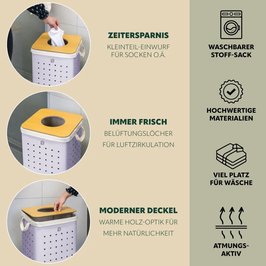eluno Wäschetonne mit Deckel und Wäschesack eckig 50L, aus Metall