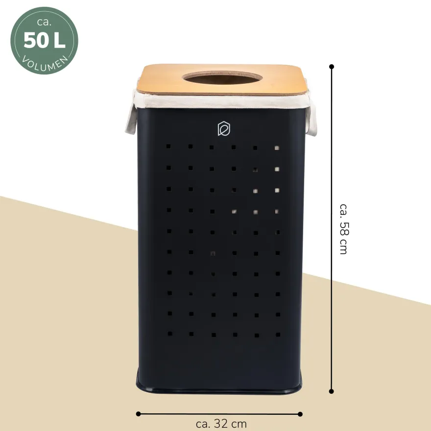eluno Wäschetonne mit Deckel und Wäschesack eckig 50L, aus Metall