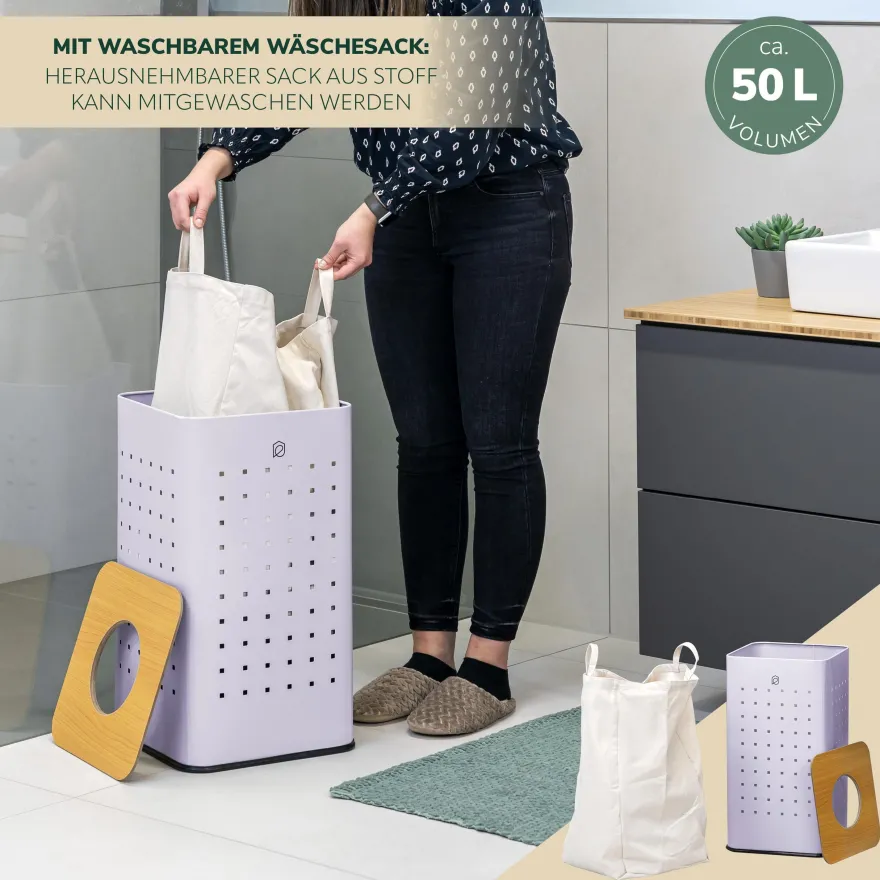 eluno Wäschetonne mit Deckel und Wäschesack eckig 50L, aus Metall