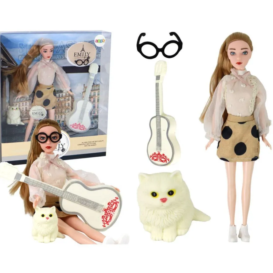 Emily Puppe für Kinder mit Gitarre, Brille, langen blonden Haaren und Kätzchen