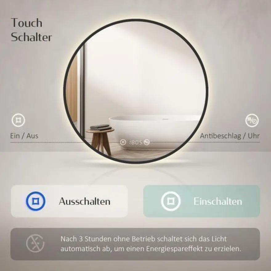 EMKE LED Badspiegel Rund Touch mit Beleuchtung Beschlagfrei Schwarz Rahmen