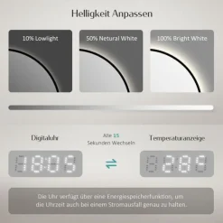 EMKE LED Badspiegel Rund Touch mit Beleuchtung Beschlagfrei Schwarz Rahmen