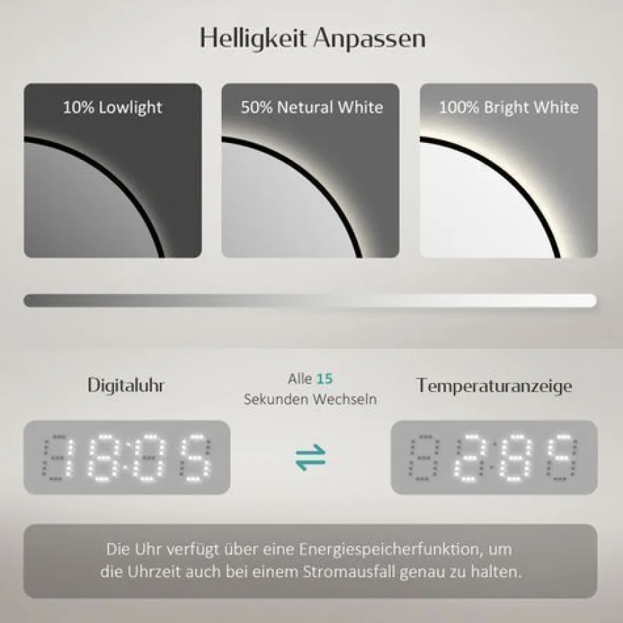 EMKE LED Badspiegel Rund Touch mit Beleuchtung Beschlagfrei Schwarz Rahmen