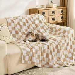 EMME Kuscheldecke Sherpa Kariert, Weiche Warme Wolldecke/Fleecedecke, Beige