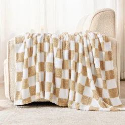 EMME Kuscheldecke Sherpa Kariert, Weiche Warme Wolldecke/Fleecedecke, Beige