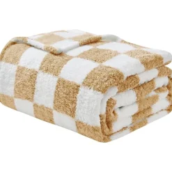 EMME Kuscheldecke Sherpa Kariert, Weiche Warme Wolldecke/Fleecedecke, Beige