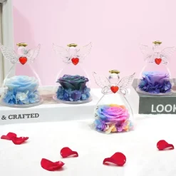 Engel Ewige Rose Figur Geschenk für Frauen in Glaskuppel Blauviolett
