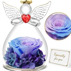 Engel Ewige Rose Figur Geschenk für Frauen in Glaskuppel Blauviolett